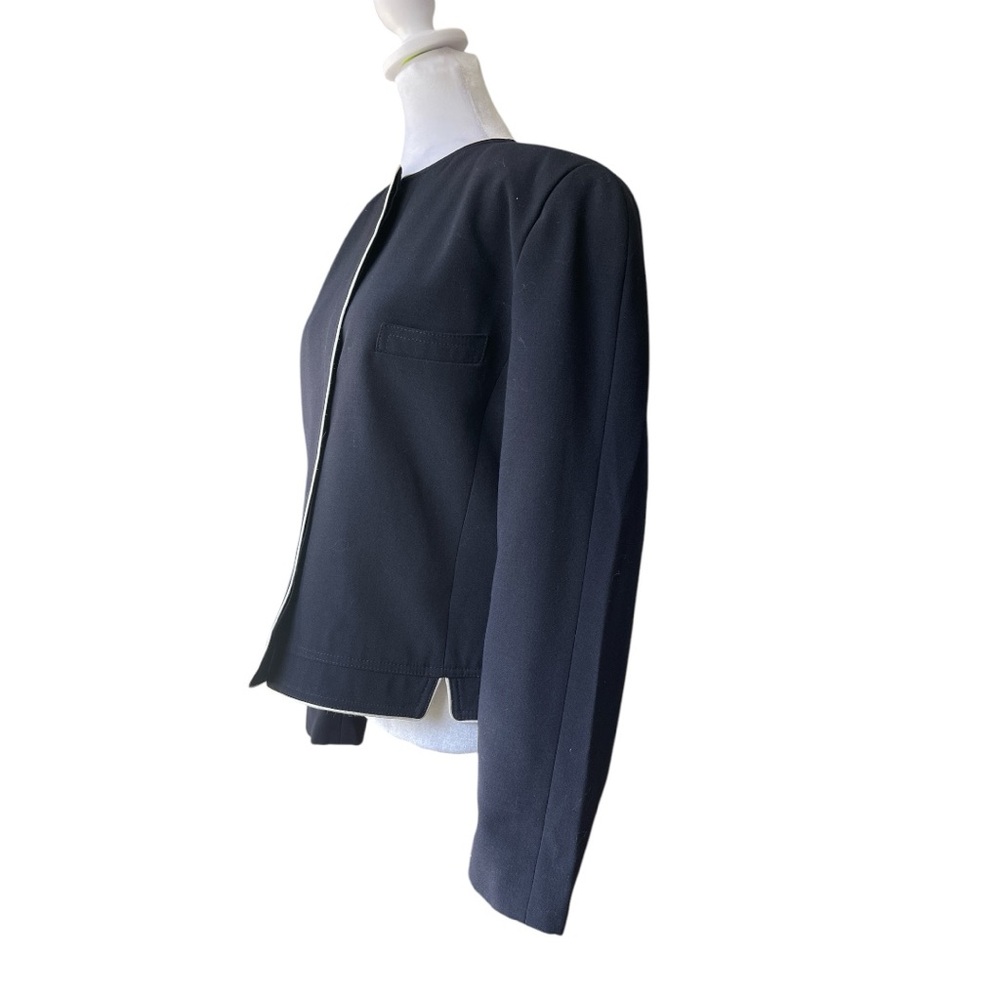 Louis Féraud Cropped Wool Jacket Indigo White Trim Minimalist Chic - Picture 3 of 9